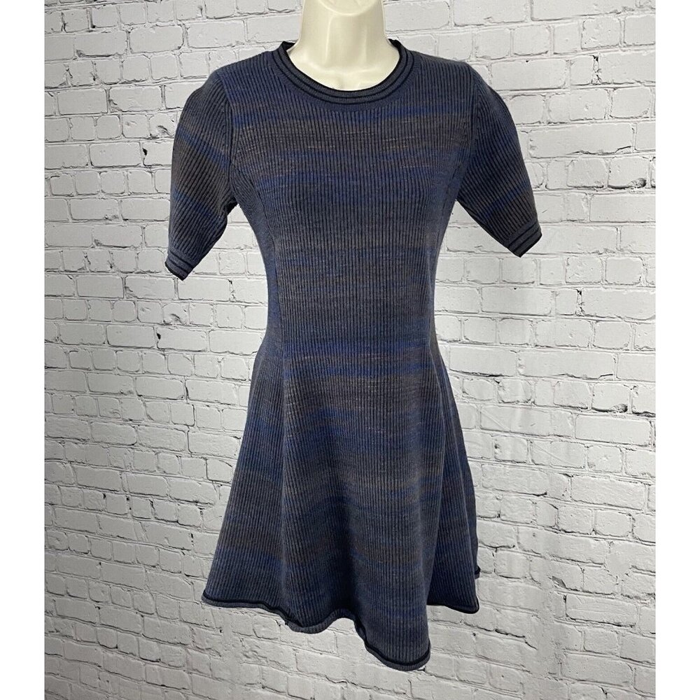 Athleta Blue Grey Wool Blend Sweater Short Sleeve Flare Ribbed Dress Size XS
